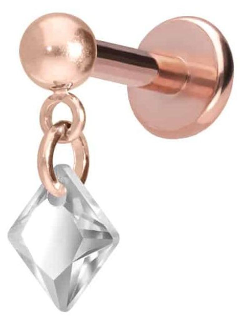 Ohrpiercing, Nasenpiercing Titan Labret mit Push Fit KRISTALLQUADRAT RoséGold Stablänge: 7mm | Stabstärke: 1,2mm