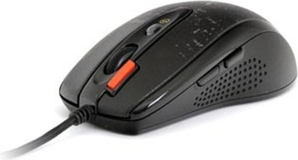 A black computer mouse with an orange accent is shown on a white background.