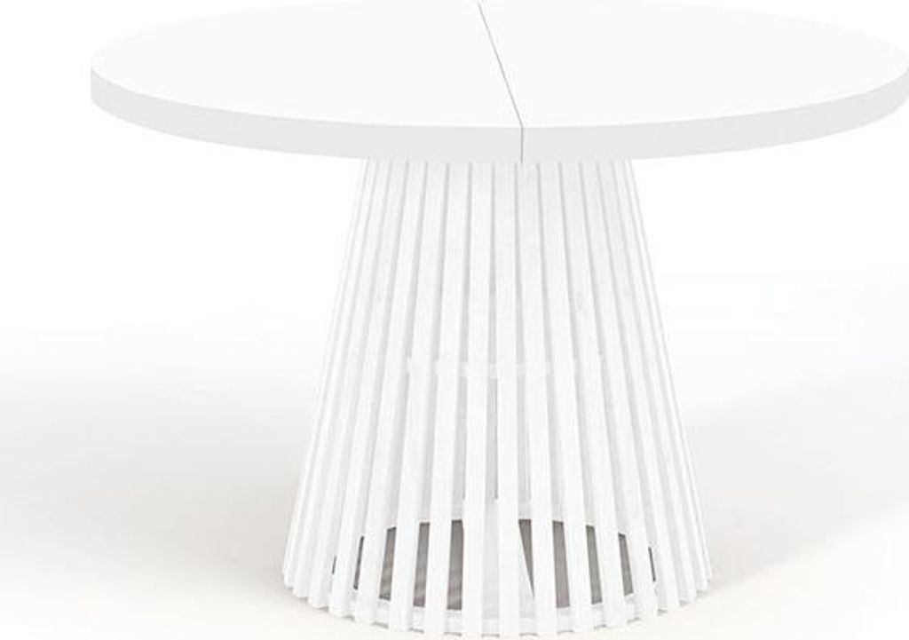 A white round table with a slatted base.
