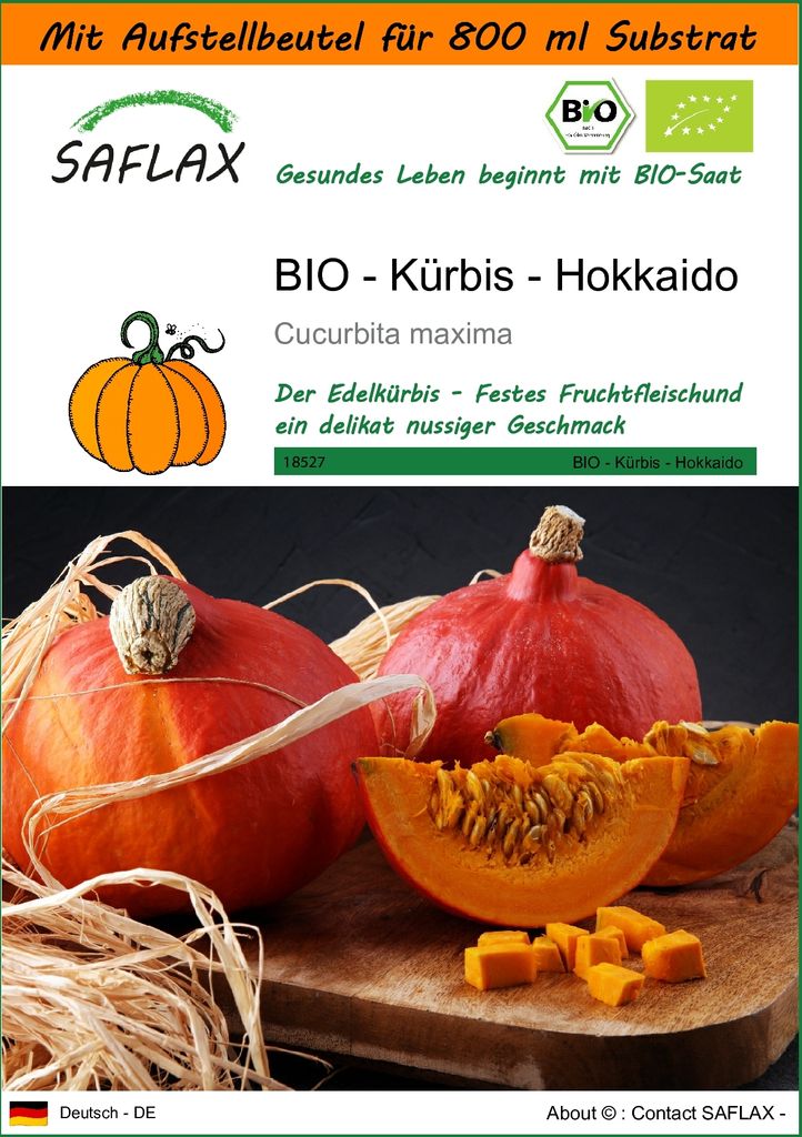 SAFLAX - Garden in the Bag - BIO - Kürbis - Hokkaido - 5 Samen - Mit Anzuchtsubstrat im praktischen, selbst aufstellenden Beutel - Cucurbita maxima