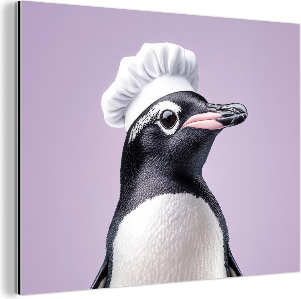 MuchoWow Wanddekoration Metall Metallbild Wandkunst 40x30 cm Pinguin - Kochmütze - Süß - Lila MuchoWow Aluminium Gemälde - Dekoration Wohnzimmer