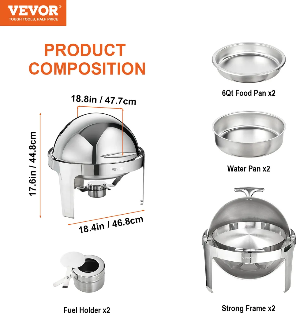 Réchauffeur de Repas Buffet Rond 5,5L Set de 2 avec Couvercle Pivotant