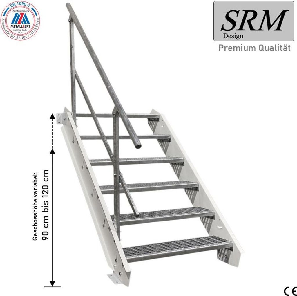 6 Stufen Stahltreppe Weiß Breite 90 cm Geschosshöhe 90 - 120 cm 1x Geländer
