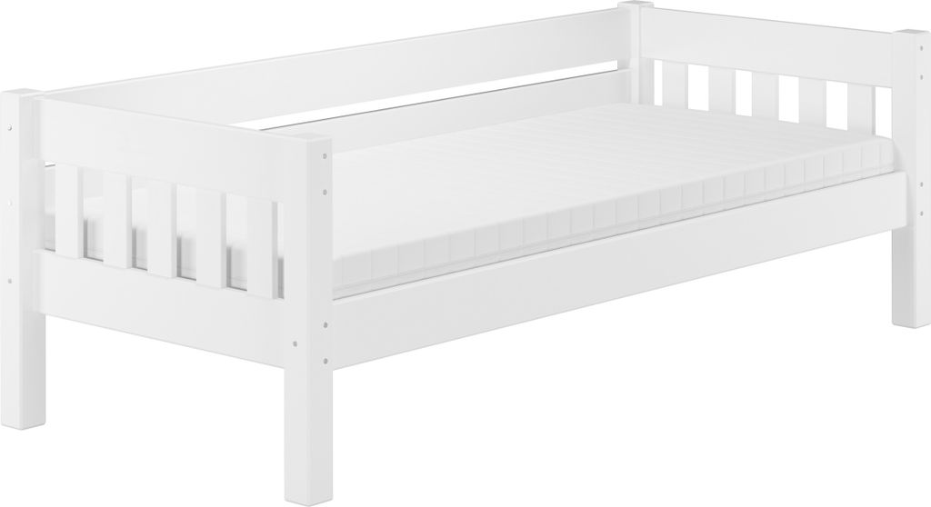Weißes Couchbett Einzelbett 90x200 Massivholzbett Sofabett mit wählbarem Zubehör V-60.53-09WRollrost und Matratze inkl.