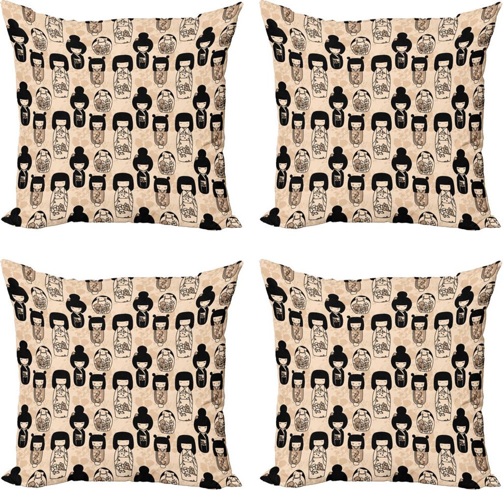 ABAKUHAUS Ethnisch Kissenbezug Set (4 Stück), Kleine Kokeshi Dolls, Moderner Doppelseitiger Digitaldruck, 50 cm x 50 cm, Beige Black and Tan