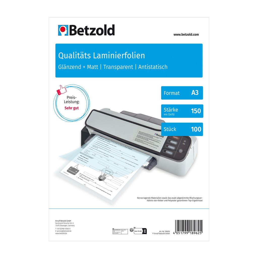 Betzold Laminierfolien DIN A3, 100 Stück - 150 mic glänzend + matt - Laminiertaschen