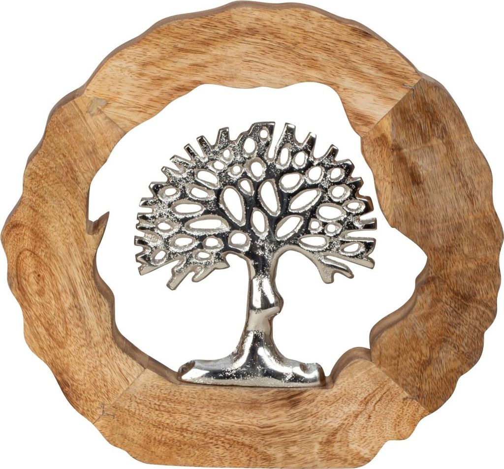 Moderne Skulptur Dekofigur Lebensbaum im Kreis aus Aluminium auf Sockel aus Holz Silber/braun D 26 cm