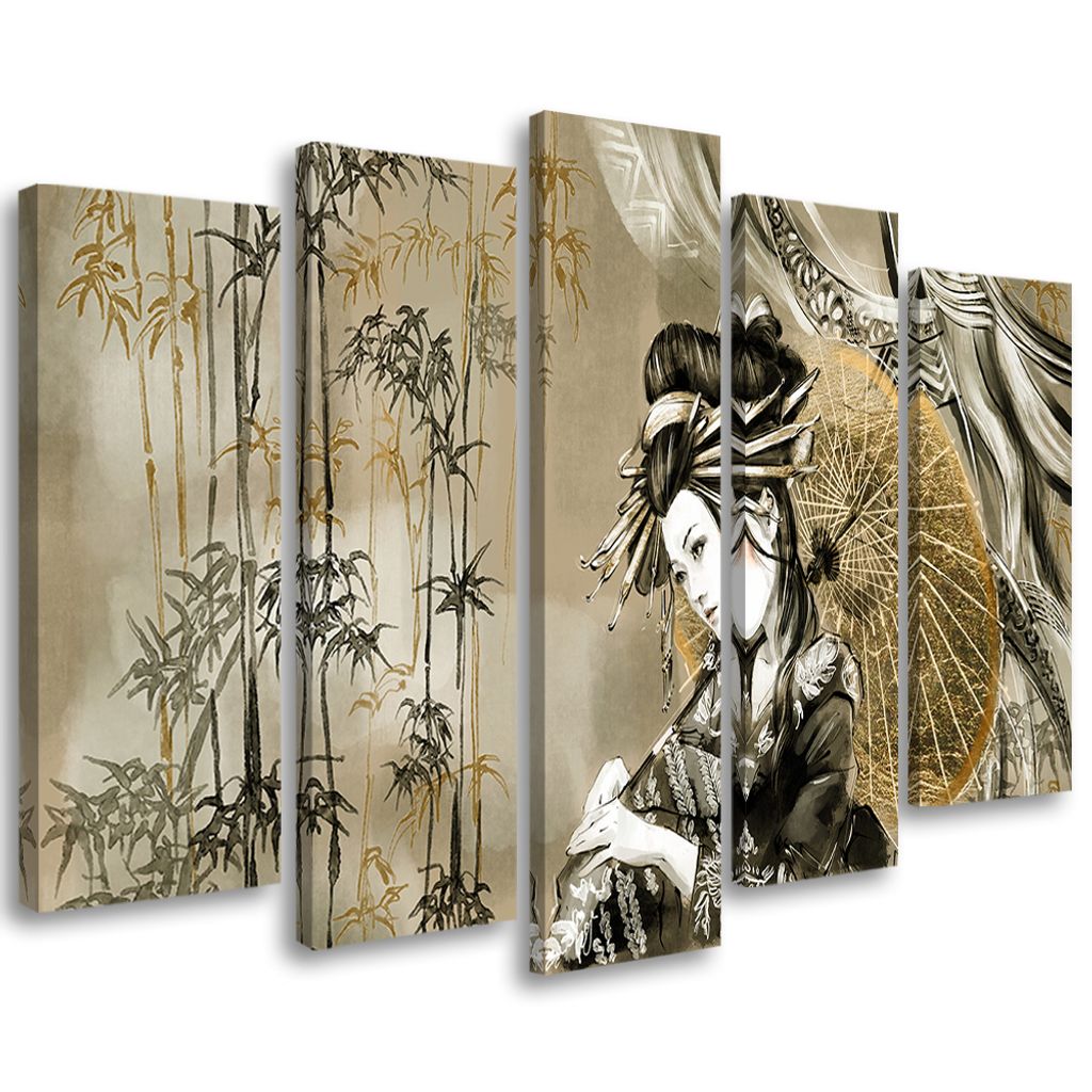 5-teiliges leinwandbild geisha und bambus 150x100 cm Feeby grün wandbild bereit zum aufhängen