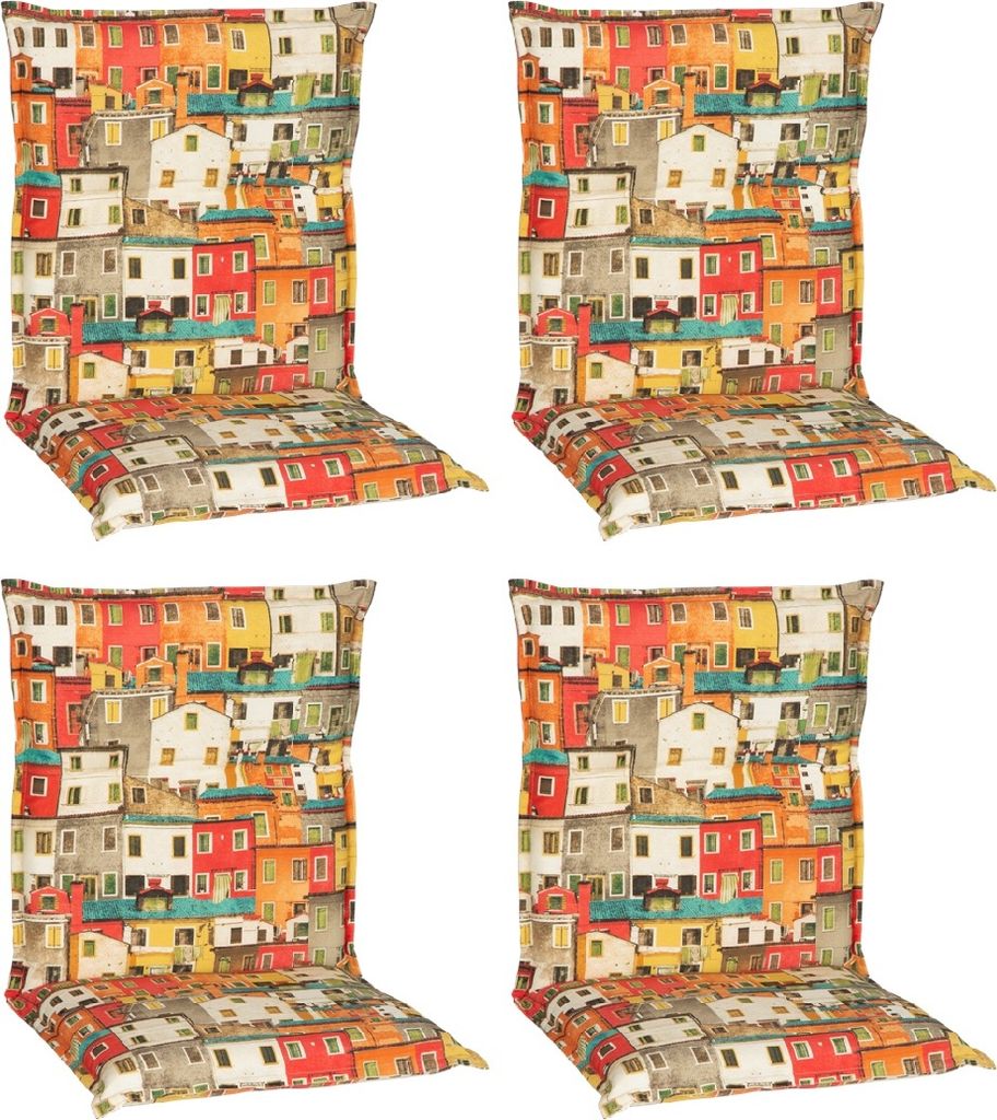 Four chair cushions with a colorful print of buildings.