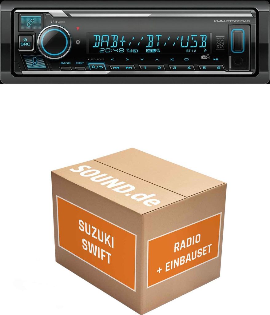 Autoradio Einbaupaket Kenwood KMM BT508DAB passend für Suzuki Swift MZ/EZ + Lenkradfernbedienung Schwarz | Bluetooth Telefonieren DAB+.