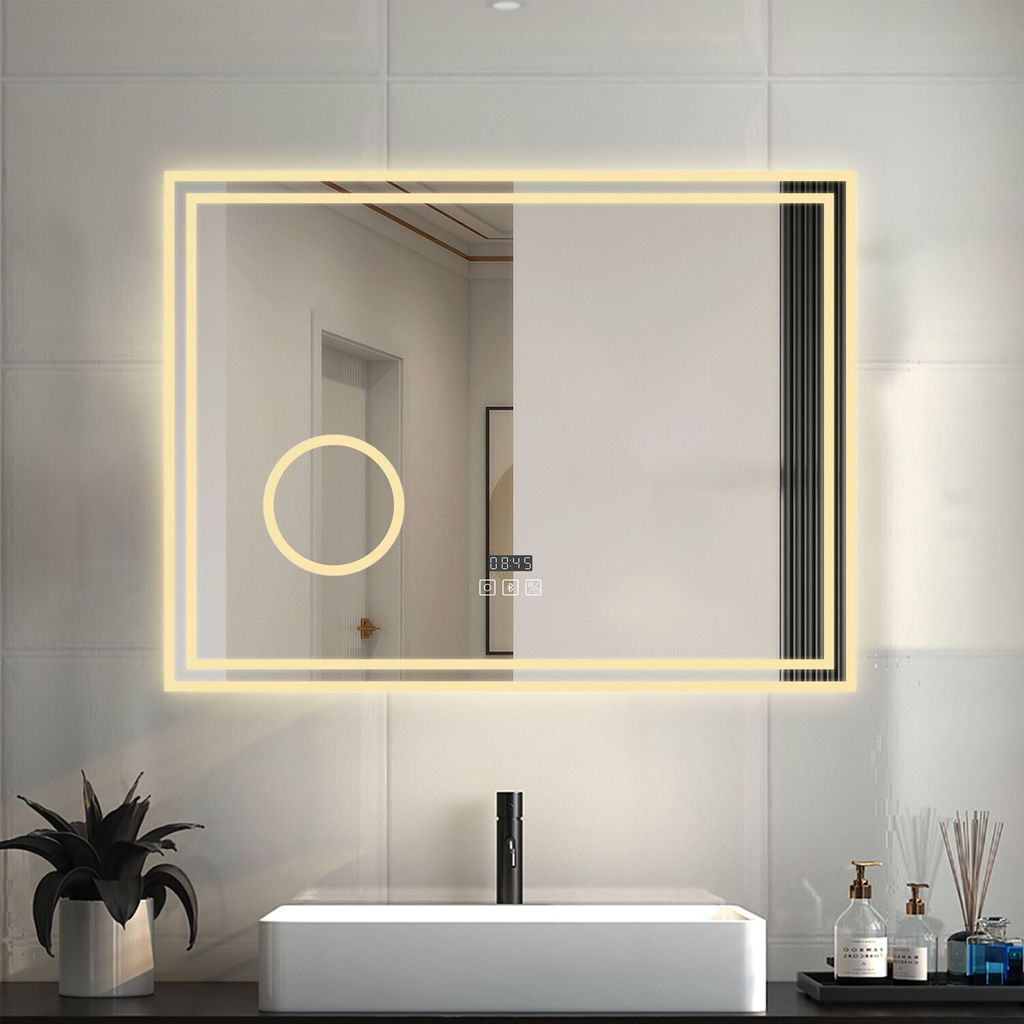 LED Badspiegel mit Uhr Bluetooth Warmweiß/Neutralweiß/Kaltweiß Dimmbar 100x60cm Beschlagfrei 3-Fach klares vergrößertes Speicherfunktion Badez...