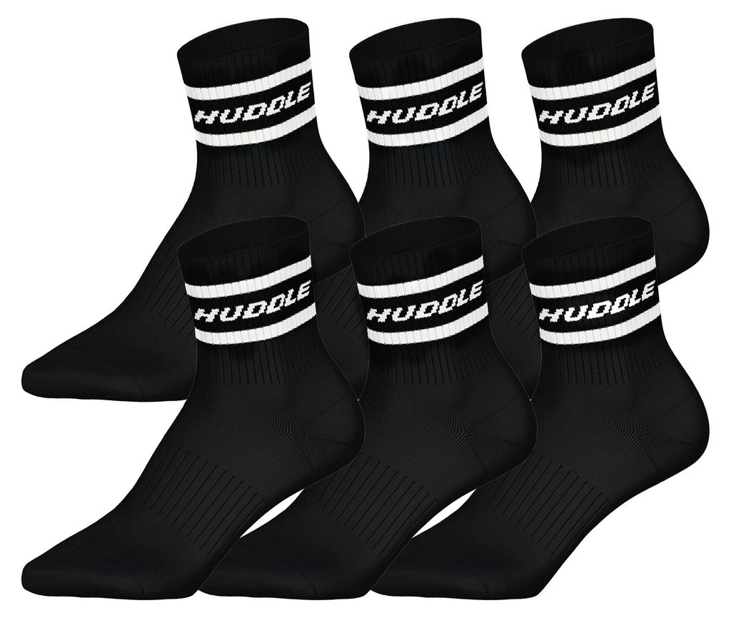 HUDDLE Uni Socken, 6er Pack - Streifen, Logo, Short Crew, Sportsocken, einfarbig Schwarz 39-42