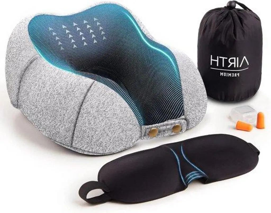 Coussin de voyage ergonomique en mousse et son kit de repos complet gris