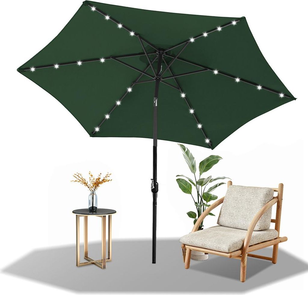 Faziango 2.7m Sonnenschirm UV50+ Neigbar Sonnenschutz Gartenschirm Strandschirm LED Solar, knickbar, Schirmtuch mit PA-Beschichtung, Grün