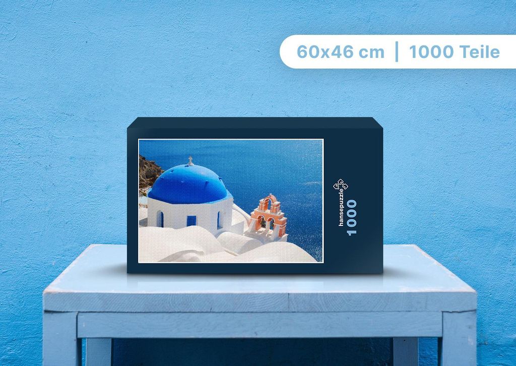 hansepuzzle 97408 - Santorini Puzzle, 1000 Teile, Gebäude, 60,0 x 46,0cm mit hochwertiger Aufbewahrung, Kartonbox und wiederverschließbarem Beutel