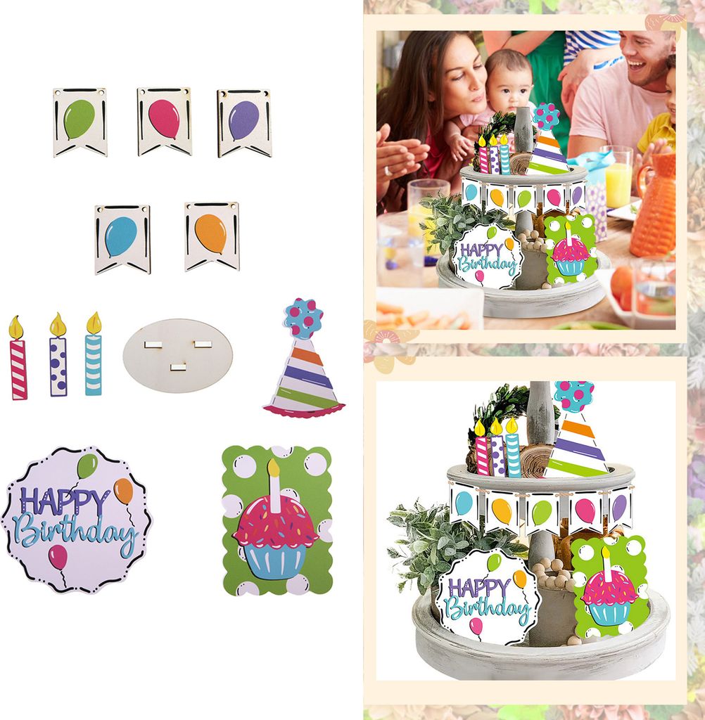 12pcs/Set Tray Ornament Letter Design Clear Printing Anti-deformiertes DIY Nicht vervollständigtes Happy Birthday Wood Stufe Decor Decor Home Supply