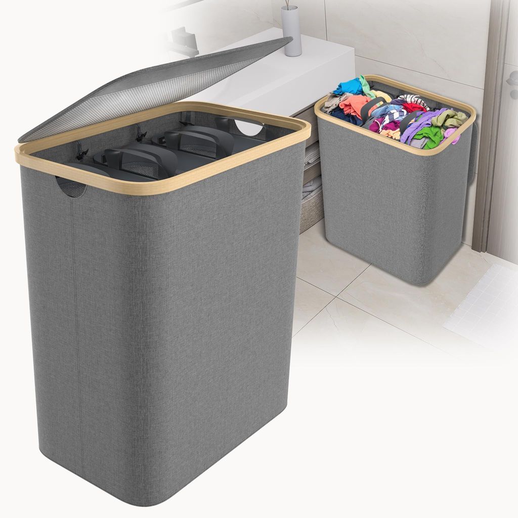 Sessamen-LP 140L Wäschekorb mit Deckel Wäschesammler Herausnehmbaren Wäschesäcke Wäschetrenne, Wäschetonne Faltbare Wäschebox, Wäschesortie...