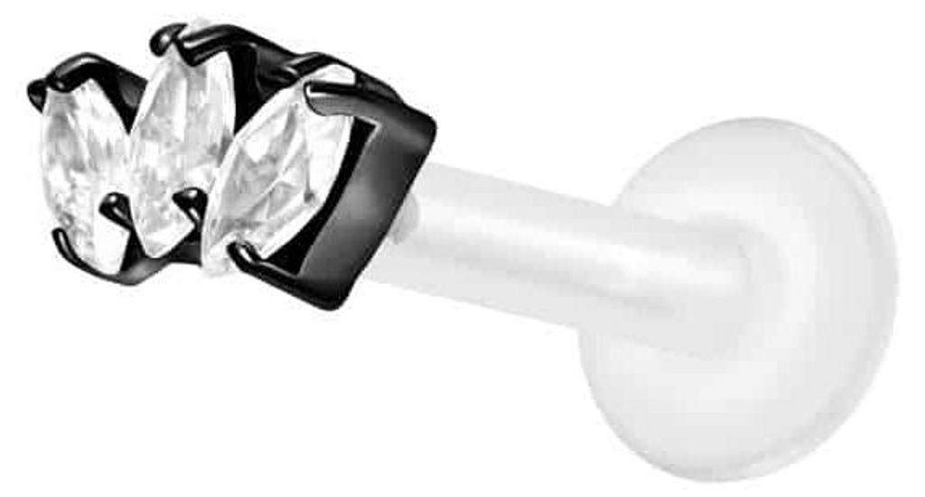 Ohrpiercing, Nasenpiercing PTFE Labret mit Innengewinde + Titan-Aufsatz 3 KRISTALLTROPFEN Schwarz Stablänge: 6mm | Stabstärke: 1,2mm