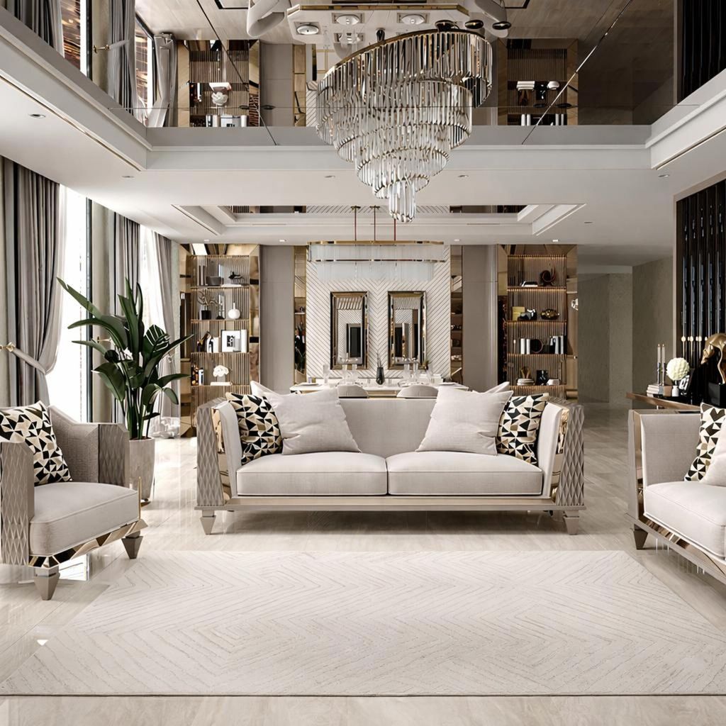 Modernes Sofa Set 3-Sitzer und Sessel Beige mit Holzrahmen