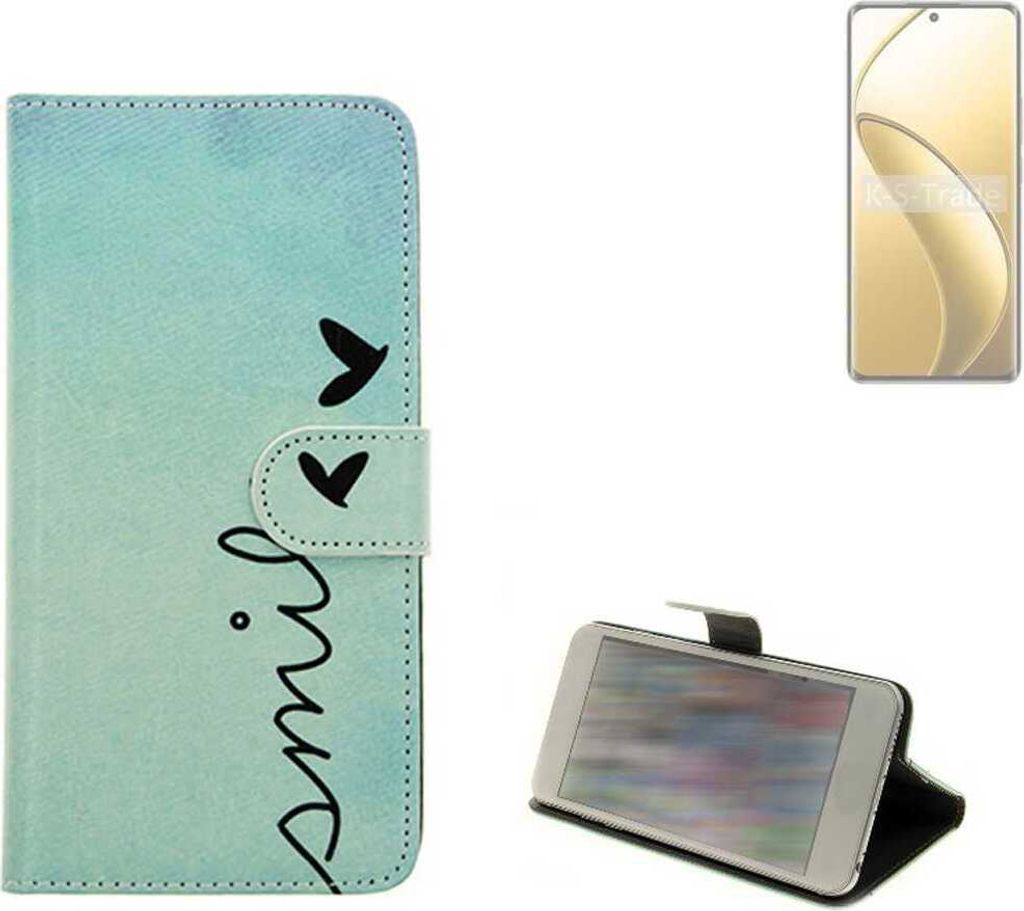 K-S-Trade Schutz Hülle Handy Hülle kompatibel mit Realme 12 Pro+ Hülle Handyhülle cover bookstyle Etui Handyhülle “smile“ türkis