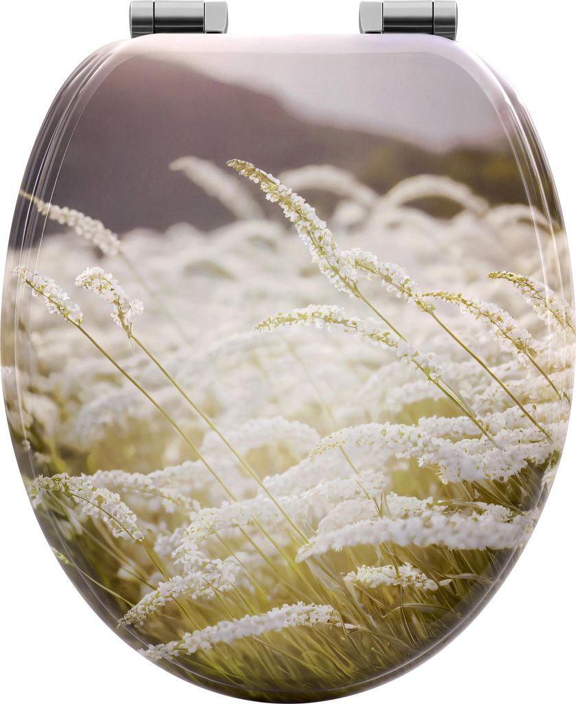 WC-Sitz - O-Form, Kräuter-Motiv - Absenkautomatik - Quick-Release - Holz mit Edelstahlscharnieren - Top-Montage - 46 x 37,5 cm - 175 kg - Lila