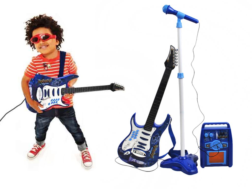 Verstärker Kinder gitarre BLAU Kindergitarre Rockgitarre Mikrofon mit Stativ 