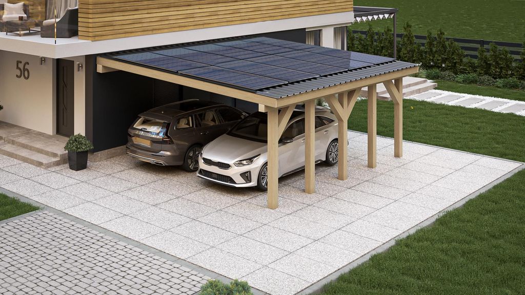 Wandanbaucarport 6x6m KVH Massivholz Flachdach Garage Photovoltaik PV mit 9 Solarmodule Bausatz 0% MwSt.
