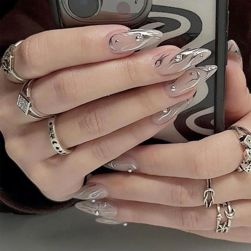 Faux Ongles Amande Argentés pour Soirée Manucure Rapide Rose Glossy