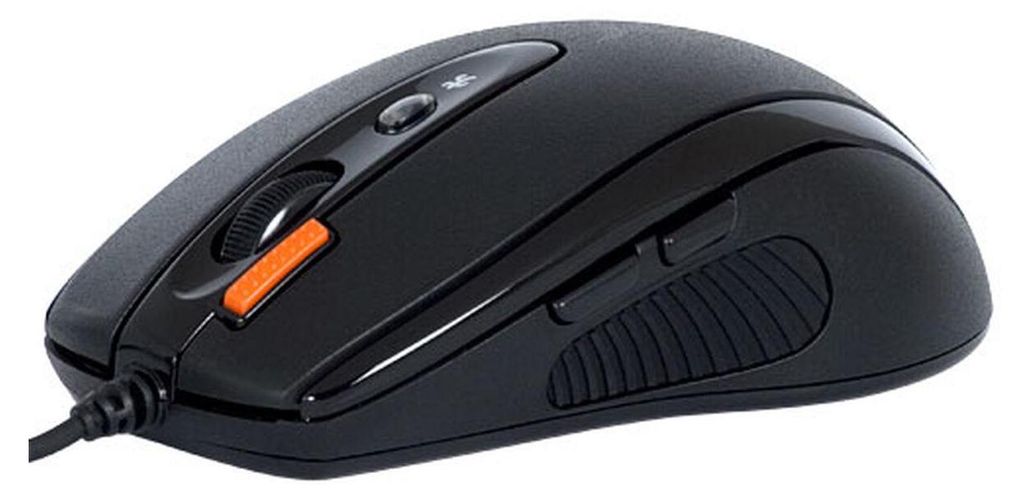 A black computer mouse with an orange scroll wheel is shown against a white background.