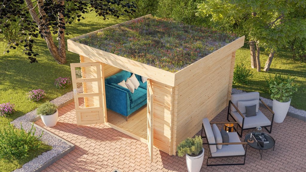 Gartenhaus Holz 28mm Blockbohlenhaus Gerätehaus Flora 5 Gründachhaus naturbelassen 297x297x229 cm