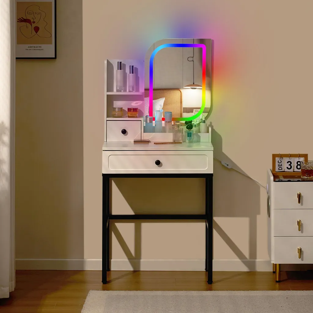 Coiffeuse avec miroir LED intégré et tiroir de rangement, design compact - 6