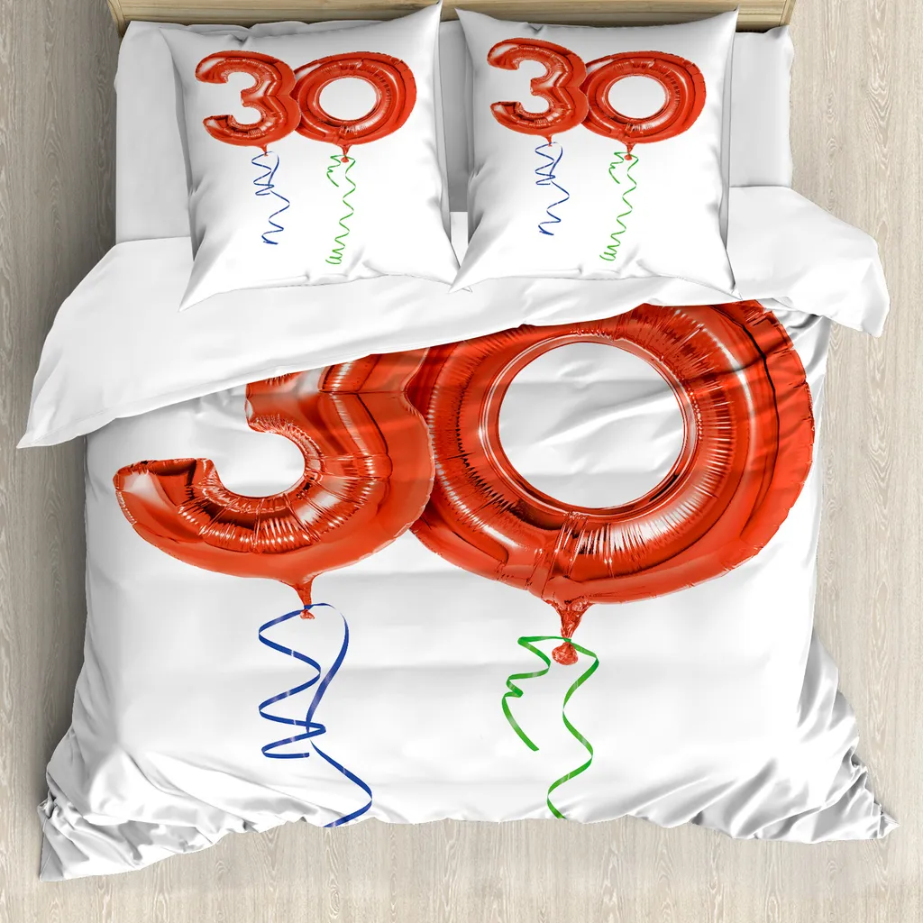 ABAKUHAUS 30° compleanno Copripiumino, Red Balloons Ribbons, antiacaro, adatto a chi soffre di allergie, con federe, 200 cm x 200 cm - 80 x 80 cm, rosso, blu, verde