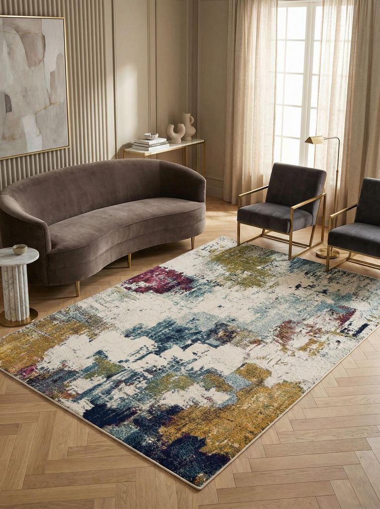 Moderner Kurzflor-Teppich | Weicher Wohnzimmerteppich | Rutschfester Teppich | Kunstvolles Design | Burgund Senfgelb 200x290cm | LODI-Padana von Ka...