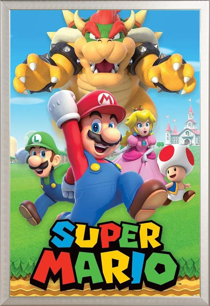 Super Mario - Poster - Montaggio personaggi + cornice rimovibile, Shinsuke® Maxi alluminio argento, vetro acrilico