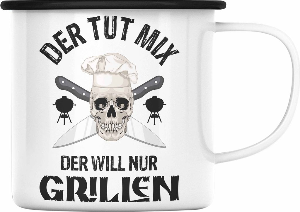 Trendation - Grill Emaille Tasse Geschenk Männer Steak Liebhaber Grillen Geschenkidee Vater BBQ's (Schwarz)