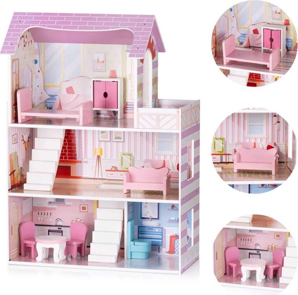 Chipolino Holz-Puppenhaus 7-teilig Balkon, Stühle, Tisch, Bett, Sofa, Schrank rosa