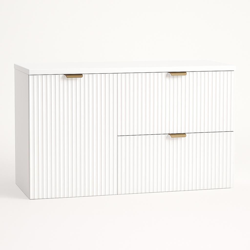 WENA Waschtischunterschrank 100 cm mit Wäschekorb, geriffelte Fronten, Griffe aus Metall in der Farbe Gold (Farbe: Weiß)