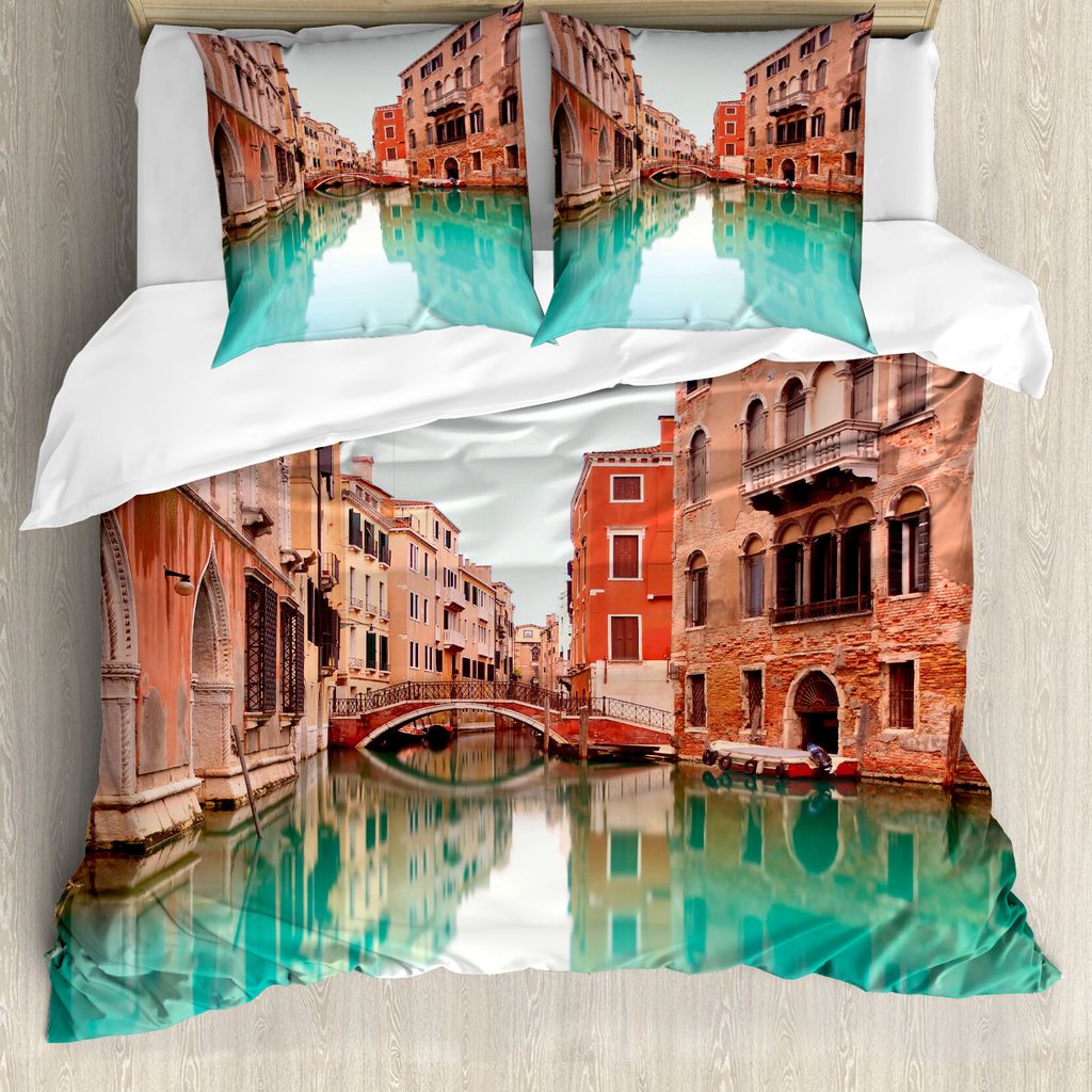 ABAKUHAUS Venedig Bettbezug, Wasser-Kanal-Brücke Boot, Milbensicher Allergiker geeignet mit Kissenbezügen, 155 cm x 220 cm - 80 x 80 cm, Turquois...