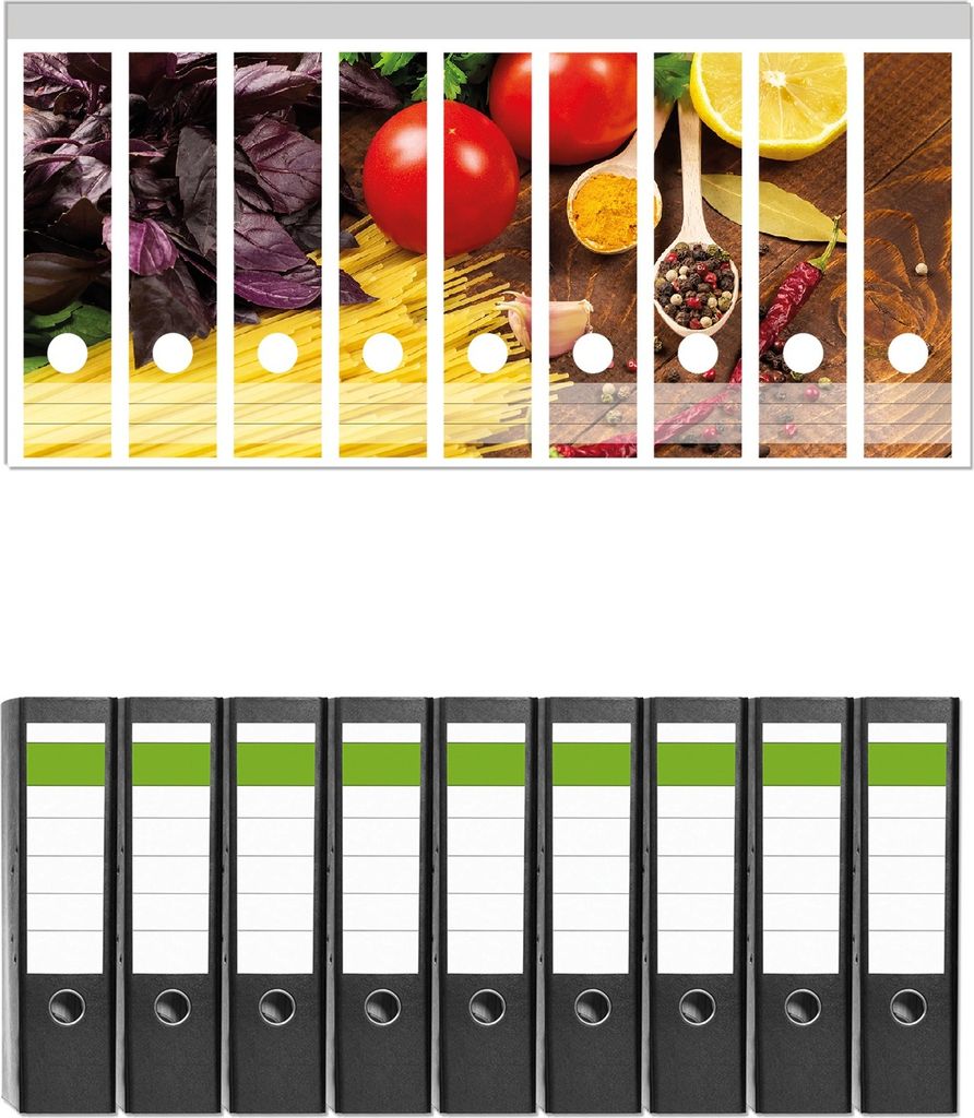 Wallario 9 Stück breite Ordner inkl. Klebeetiketten mit Motive Italienisches Menü mit Spaghetti, Tomaten, Basilikum und Gewürzen - Set mit Rück...