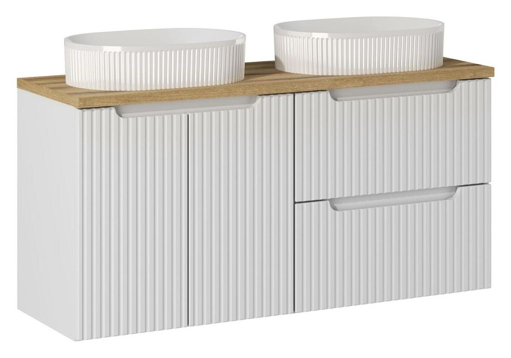 Badmöbel-Set Mit Arbeitsplatte 120 cm, 2 Aufsatzwaschbecken & 2 Waschbeckenunterschrank, Nova White N BM35 - Weiß/Evoke Oak