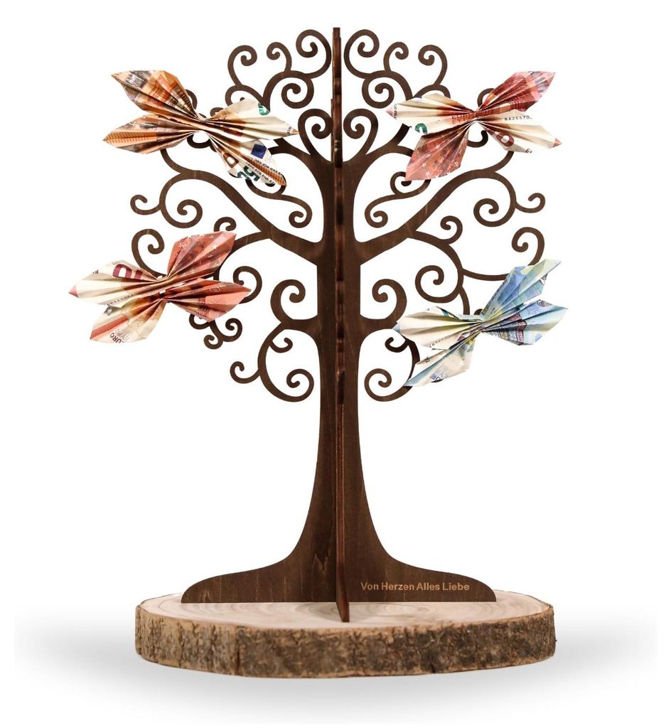 Geldbaum aus Holz – Geschenk für Geburtstage, Hochzeiten und als Hochzeitsgeschenk – Geschenk für das Brautpaar – Geldgeschenk, Lebensbaum,...