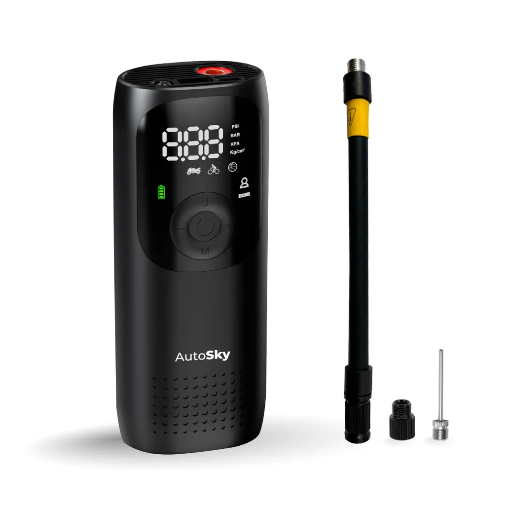 AutoSky 3-in-1: Pompa Aria Auto, Torcia e Power Bank per Viaggi