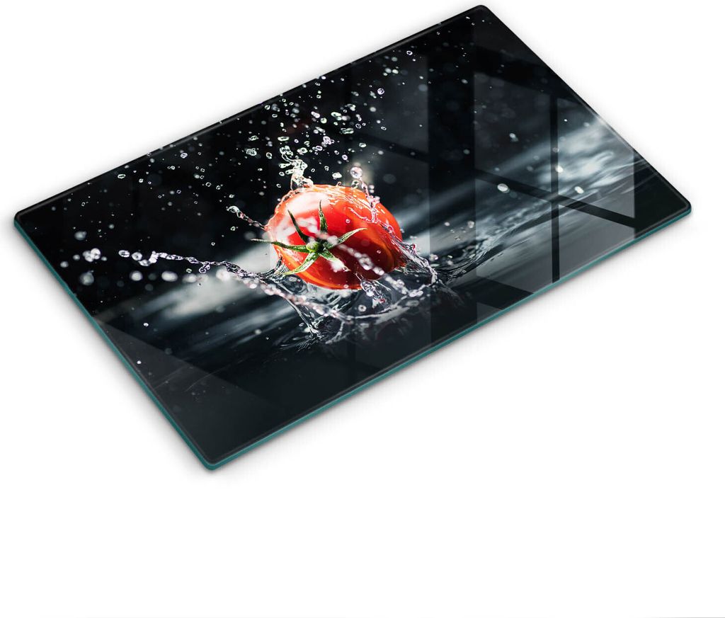 Glasschneideplatte - Herdabdeckplatte - 52x30 cm - Schneidebrett - Spritzschutz - Tomate in Wasser