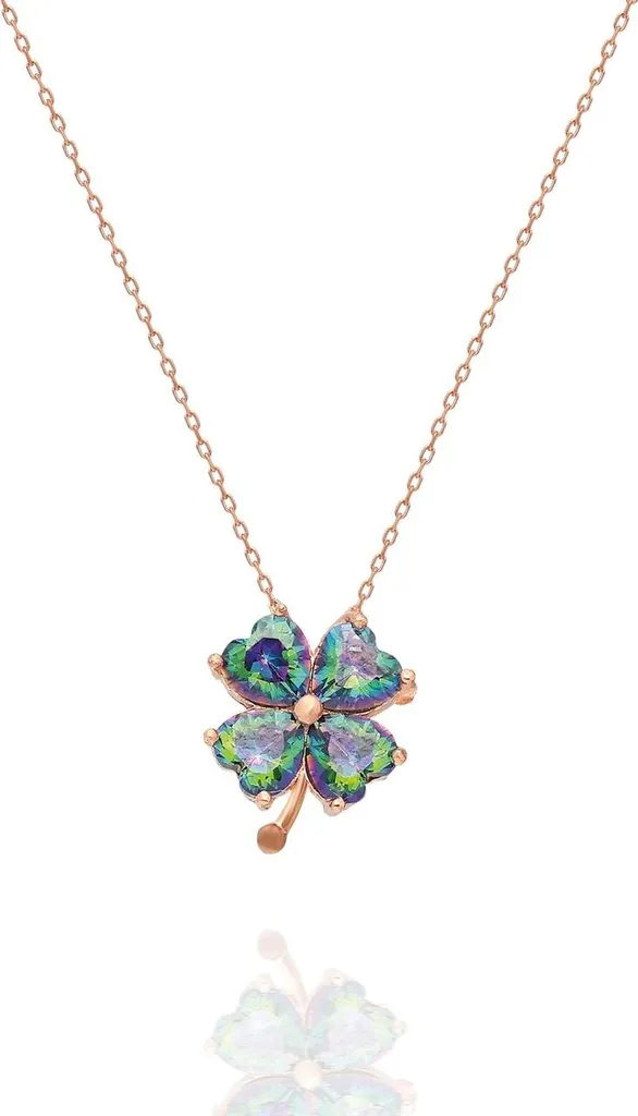 Collier Trèfle Argent 925 Anti-Ternissement, Pierre Topaze Rose