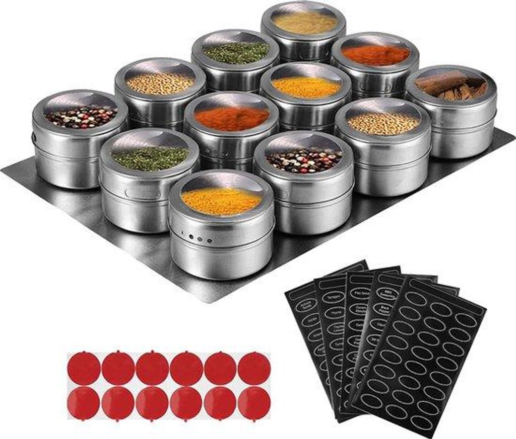 Magnetische Kruiden Blikjes aus Edelstahl mit 12 Stücken, 5 Etiketten und Stick-on-Kühlbox für die Küche