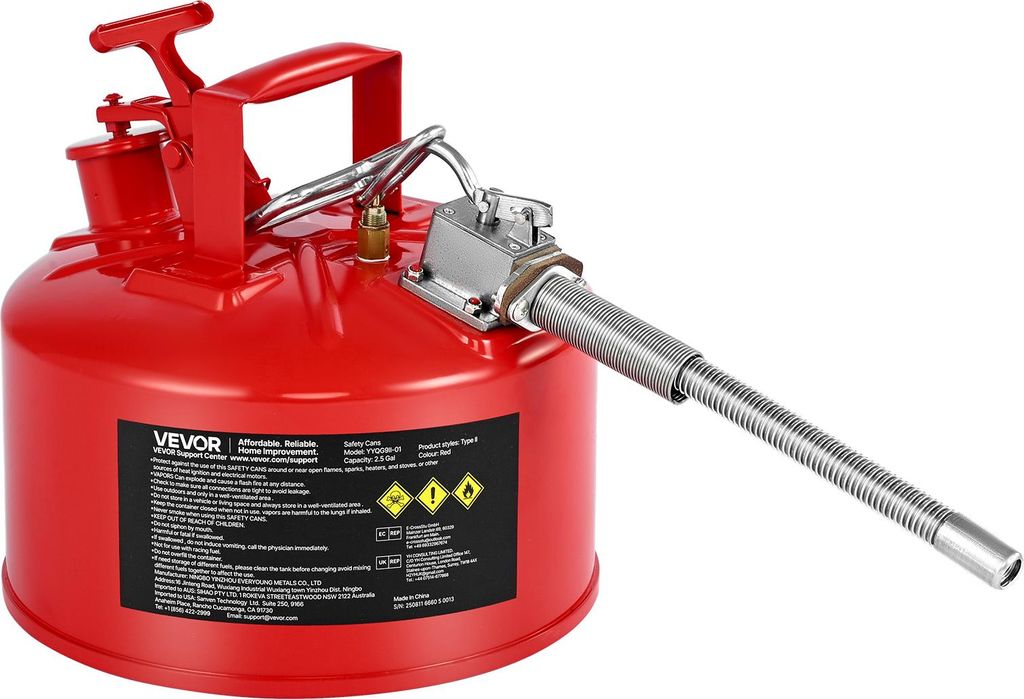 VEVOR Sicherheitskanister, 9,5 L, Typ II, Sicherheitsbehälter mit Flammensperre, selbstschließendem Deckel und flexiblem Metallausguss, Lagerbeh...