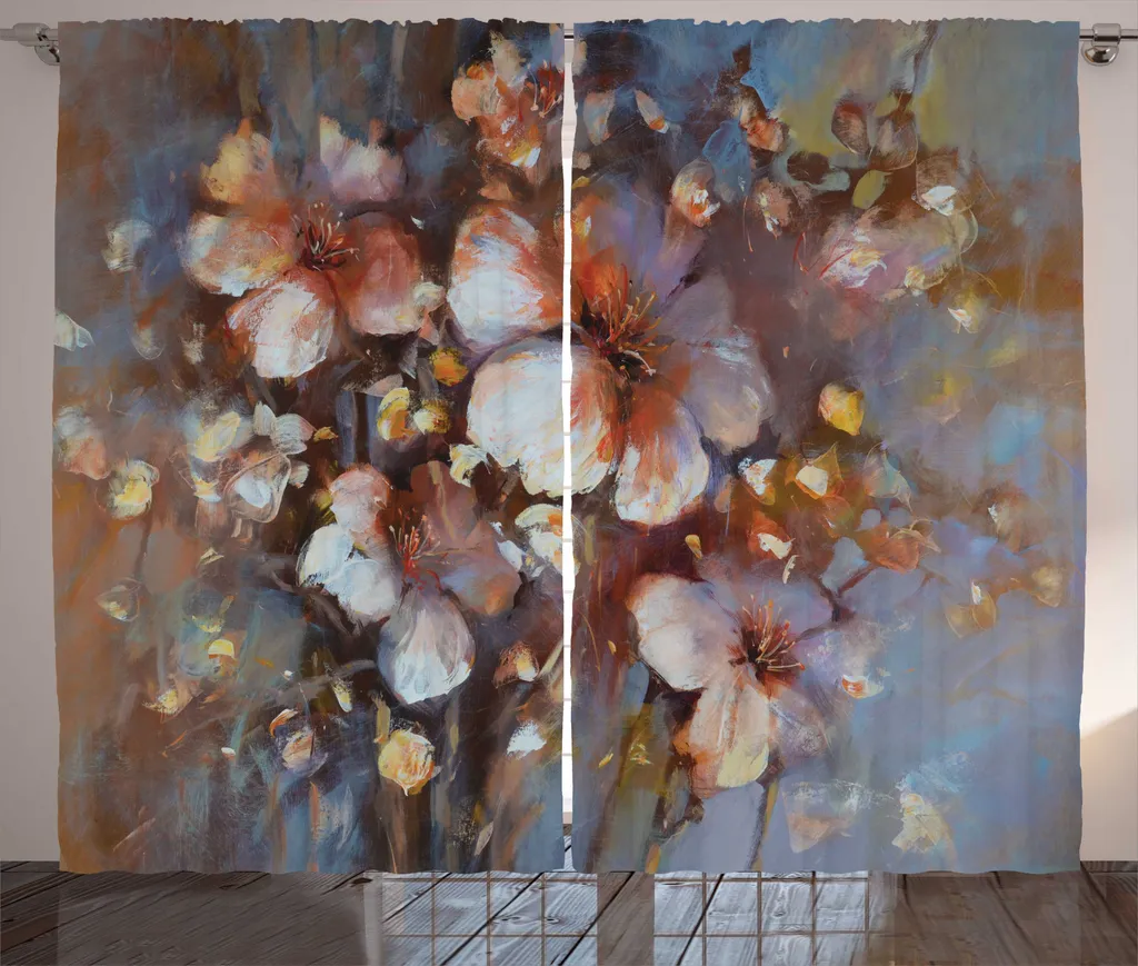 ABAKUHAUS Tenda rustica con motivo di fiori di mandorlo, dipinto a olio con ciliegio, tenda universale per soggiorno con passanti e ganci, 280 x 175 cm, multicolore