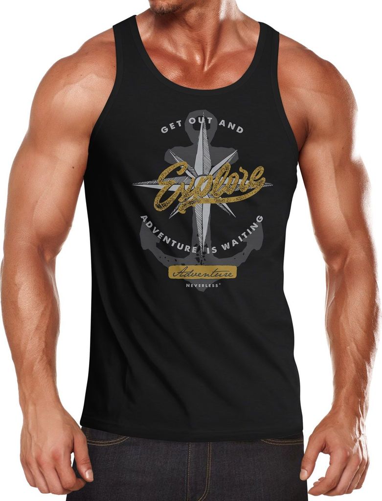 Herren Tank-Top Anker Windrose Go out and explore Adventure Abenteuer Muskelshirt Muscle Shirt Slim Fit Baumwolle Neverless schwarz L