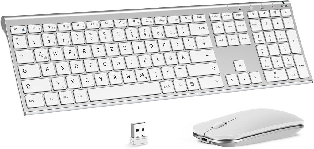 Kabelloses Tastatur-Maus-Set 2.4G, ultraflache Aufladbare Wireless Tastatur aus Aluminium, Deutsch QWERTZ, NumPad & Multimedia, für Windows, PC,La...