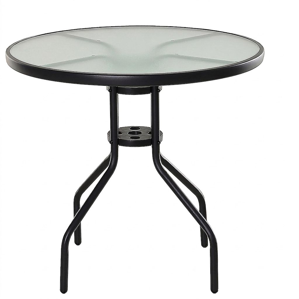 Gartentisch Glas Ø80x72 cm Schwarz – Bistrotisch Balkontisch mit Schirmloch
